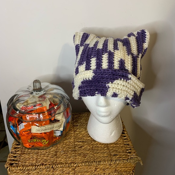 Handmade Purple White Cat Beanie Hat - Picture 2 of 5